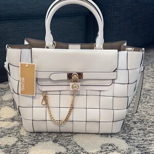 NWT limited edition Michael Kors White Woven Satchel with Gold Accents